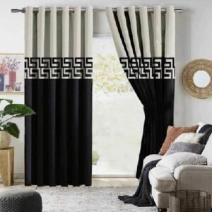 2 TONE VELVET CURTAINS WITH LASER CUTWORK BLACK & OFF-WHITE WITH TIE BELTS