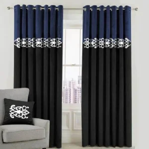 2 TONE VELVET CURTAINS WITH LASER CUTWORK BLUE & BLACK WITH TIE BELTS