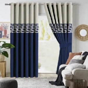2 TONE VELVET CURTAINS WITH LASER CUTWORK BLUE & OFF-WHITE WITH TIE BELTS