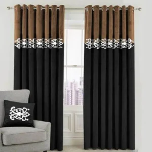 2 TONE VELVET CURTAINS WITH LASER CUTWORK BROWN & BLACK WITH TIE BELTS