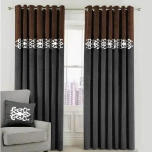 2 TONE VELVET CURTAINS WITH LASER CUTWORK BROWN & GREY WITH TIE BELTS