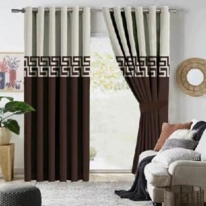 2 TONE VELVET CURTAINS WITH LASER CUTWORK CHOCOLATE BROWN & OFF-WHITE WITH TIE BELTS - 4.5 W X 8.5 FOOT L EACH
