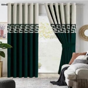 2 TONE VELVET CURTAINS WITH LASER CUTWORK GREEN & OFF-WHITE WITH TIE BELTS
