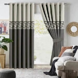 2 TONE VELVET CURTAINS WITH LASER CUTWORK GREEN & OFF-WHITE WITH TIE BELTS