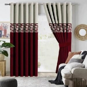 2 TONE VELVET CURTAINS WITH LASER CUTWORK MAROON & OFF-WHITE WITH TIE BELTS