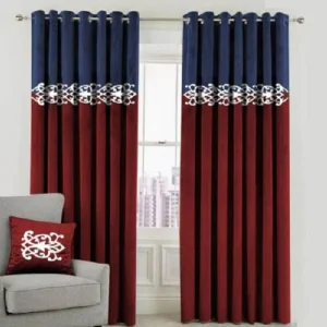 2 TONE VELVET CURTAINS WITH LASER CUTWORK ROYAL BLUE & MAROON WITH TIE BELTS - 4.5 W X 8.5 FOOT L EACH