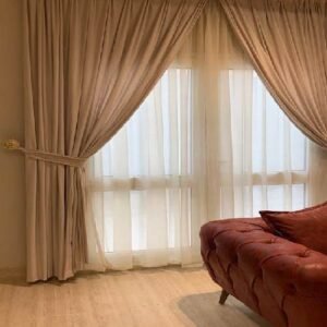 VELVET CURTAINS AND CHIFFON PREMIUM QUALITY BEIGE 4 PCS COMPLETE SET WITH TIE BELTS
