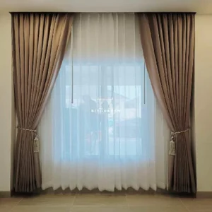 VELVET CURTAINS AND CHIFFON PREMIUM QUALITY BROWN 4 PCS COMPLETE SET WITH TIE BELTS