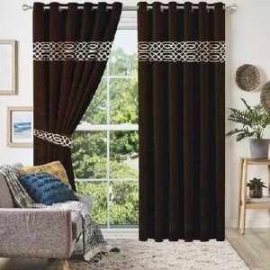 VELVET CURTAINS (PAIR) WITH DOUBLE TOP BORDER CUTWORK GOLDEN ON CHOCOLATE BROWN WITH 2 TIE BELTS