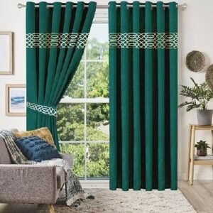VELVET CURTAINS (PAIR) WITH DOUBLE TOP BORDER CUTWORK GOLDEN ON GREEN WITH 2 TIE BELTS