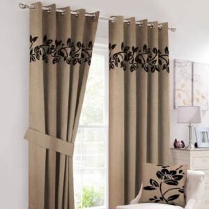 VELVET CURTAINS (PAIR) WITH FLORAL LASER CUTWORK BLACK ON BEIGE WITH 2 TIE BELTS
