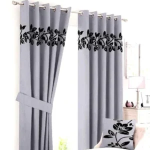 VELVET CURTAINS (PAIR) WITH FLORAL LASER CUTWORK BLACK ON GREY WITH 2 TIE BELTS