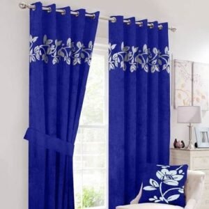 VELVET CURTAINS (PAIR) WITH FLORAL LASER CUTWORK OFF-WHITE ON BLUE WITH 2 TIE BELTS