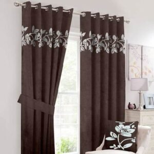 VELVET CURTAINS (PAIR) WITH FLORAL LASER CUTWORK OFF-WHITE ON CHOCOLATE BROWN WITH 2 TIE BELTS
