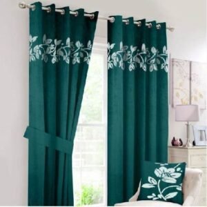 VELVET CURTAINS (PAIR) WITH FLORAL LASER CUTWORK OFF-WHITE ON GREEN WITH 2 TIE BELTS
