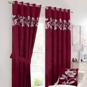 VELVET CURTAINS (PAIR) WITH FLORAL LASER CUTWORK OFF-WHITE ON MAROON WITH 2 TIE BELTS
