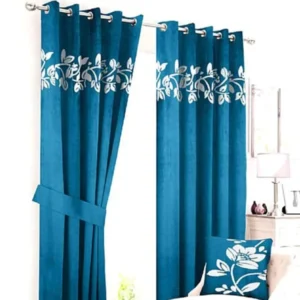 VELVET CURTAINS (PAIR) WITH FLORAL LASER CUTWORK OFF-WHITE ON TEAL GREEN WITH 2 TIE BELTS