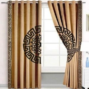 VELVET CURTAINS SUPLINDED SET WITH LASER CUTWORK BLACK ON GOLDEN WITH 2 TIE BELTS