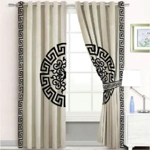 VELVET CURTAINS SUPLINDED SET WITH LASER CUTWORK BLACK ON OFF-WHITE WITH 2 TIE BELTS