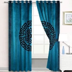 VELVET CURTAINS SUPLINDED SET WITH LASER CUTWORK BLACK ON TEAL GREEN WITH 2 TIE BELTS