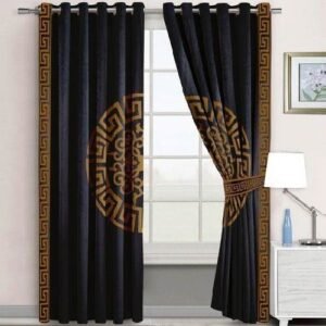 VELVET CURTAINS SUPLINDED SET WITH LASER CUTWORK BROWN ON BLACK WITH 2 TIE BELTS