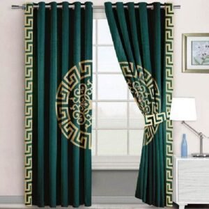 VELVET CURTAINS SUPLINDED SET WITH LASER CUTWORK GOLDEN ON GREEN WITH 2 TIE BELTS