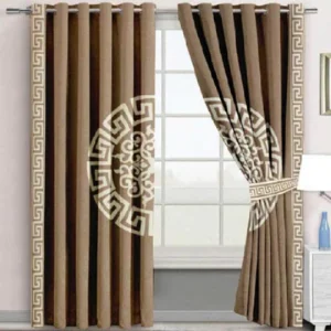 VELVET CURTAINS SUPLINDED SET WITH LASER CUTWORK OFF-WHITE ON BEIGE WITH 2 TIE BELTS