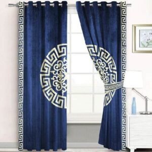 VELVET CURTAINS SUPLINDED SET WITH LASER CUTWORK OFF-WHITE ON BLUE WITH 2 TIE BELTS