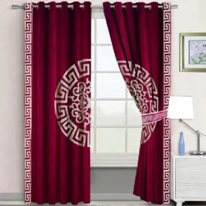 VELVET CURTAINS SUPLINDED SET WITH LASER CUTWORK OFF-WHITE ON MAROON WITH 2 TIE BELTS