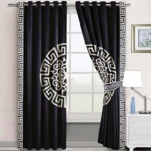 VELVET CURTAINS SUPLINDED SET WITH LASER CUTWORK WHITE ON BLACK WITH 2 TIE BELTS