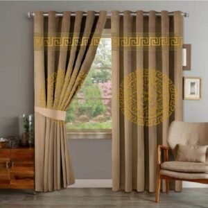 VELVET CURTAINS TOP BORDER DOUBLE SUPLINDED GOLDEN ON BEIGE BROWN WITH 2 TIE BELTS