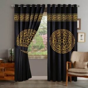 VELVET CURTAINS TOP BORDER DOUBLE SUPLINDED GOLDEN ON BLACK BROWN WITH 2 TIE BELTS