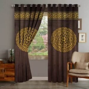 VELVET CURTAINS TOP BORDER DOUBLE SUPLINDED GOLDEN ON CHOCOLATE BROWN WITH 2 TIE BELTS