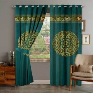 VELVET CURTAINS TOP BORDER DOUBLE SUPLINDED GOLDEN ON GREEN BROWN WITH 2 TIE BELTS