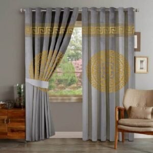VELVET CURTAINS TOP BORDER DOUBLE SUPLINDED GOLDEN ON GREY BROWN WITH 2 TIE BELTS