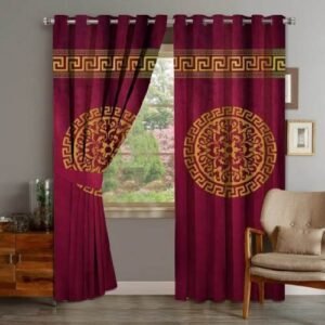 VELVET CURTAINS TOP BORDER DOUBLE SUPLINDED GOLDEN ON MAROON BROWN WITH 2 TIE BELTS