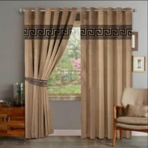 VELVET CURTAINS TOP LASER CUT BORDER BLACK ON BEIGE WITH 2 TIE BELTS