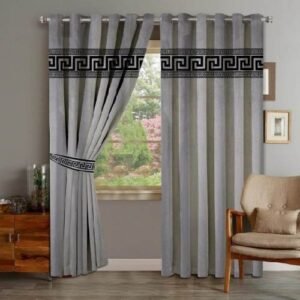 VELVET CURTAINS TOP LASER CUT BORDER BLACK ON GREY WITH 2 TIE BELTS