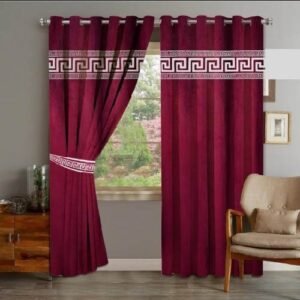 VELVET CURTAINS TOP LASER CUT BORDER WHITE ON MAROON WITH 2 TIE BELTS