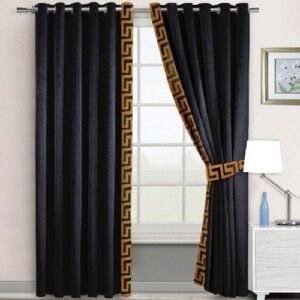 VELVET CURTAINS WITH SIDED LASER CUTWORK BORDER BROWN ON BLACK WITH 2 TIE BELTS
