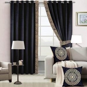 VELVET CURTAINS WITH SIDED LASER CUTWORK BORDER GOLDEN ON BLACK WITH 2 TIE BELTS