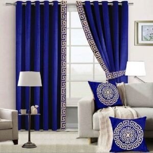 VELVET CURTAINS WITH SIDED LASER CUTWORK BORDER GOLDEN ON BLUE WITH 2 TIE BELTS