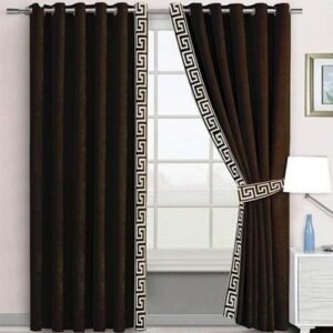 VELVET CURTAINS WITH SIDED LASER CUTWORK BORDER GOLDEN ON CHOCOLATE BROWN WITH 2 TIE BELTS