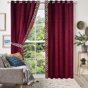 VELVET CURTAINS WITH SIDED LASER CUTWORK BORDER GOLDEN ON MAROON WITH 2 TIE BELTS