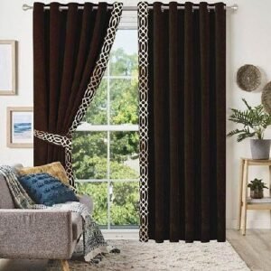 VELVET CURTAINS WITH SIDED LASER CUTWORK BORDER OFF WHITE ON CHOCOLATE BROWN WITH 2 TIE BELTS