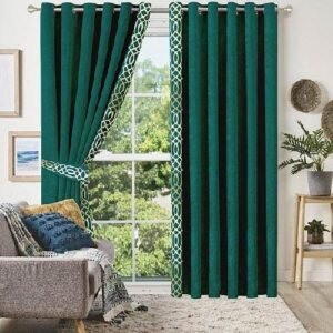 VELVET CURTAINS WITH SIDED LASER CUTWORK BORDER OFF WHITE ON GREEN WITH 2 TIE BELTS