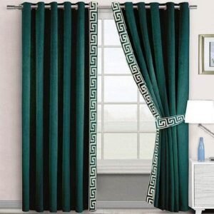 VELVET CURTAINS WITH SIDED LASER CUTWORK BORDER OFF-WHITE ON GREEN WITH 2 TIE BELTS
