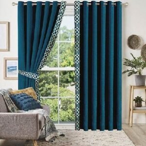VELVET CURTAINS WITH SIDED LASER CUTWORK BORDER OFF-WHITE ON TEAL GREEN WITH 2 TIE BELTS