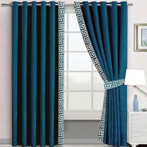 VELVET CURTAINS WITH SIDED LASER CUTWORK BORDER OFF-WHITE ON TEAL GREEN WITH 2 TIE BELTS